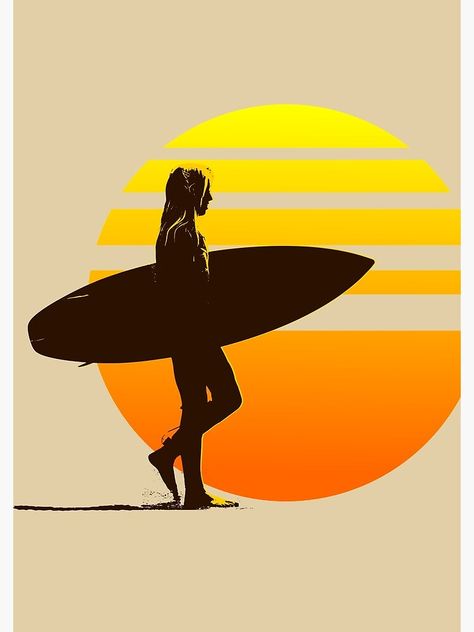 "Golden Sunrise Surfer Girl" Spiral Notebook by AaronKinzer | Redbubble Surf Drawing, Retro Surf Art, Surfer Art, Sunset Sticker, Golden Sunrise, Surf Poster, Surfing Pictures, Retro Surf, Surfboard Design