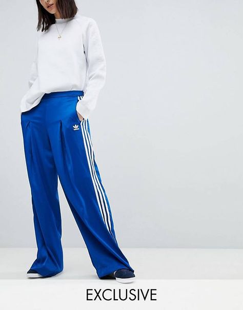 adidas Originals Fashion League Wide Leg Track Pants In Bright Blue Adidas Trousers Outfit, Adidas Pants Outfit Men, White Adidas Pants, Blue Adidas Pants, Adidas Sweatpants Outfit, Blue Adidas Track Pants, Adidas Pants Outfit, Wide Leg Track Pants, Track Pants Outfit