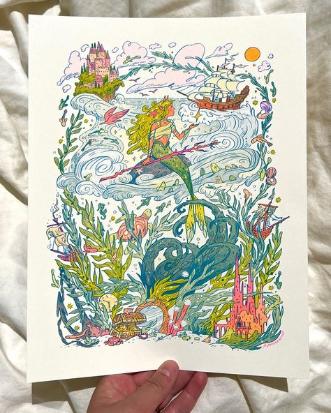 ✨🪸The Little Mermaid ~ April’s Riso Subscription print for my monthly print Patreon! This print is the first in a series of new Fairytale prints! It’s inspired by my trip to Denmark, birthplace of Hans Christian Andersen, creator of The Little Mermaid, and classic stories like Thumbelina and The Princess and the Pea. I wanted to create a sort of spooky young mermaid- a siren who calls to ships and lures them into the sea to finally be with the humans and all their spectacular things. She do... Icon Jewelry, Riso Print, Risograph Print, Yellow And Blue, Sticker Book, Blue Ink, Little Mermaid, Three Color, Book Crafts