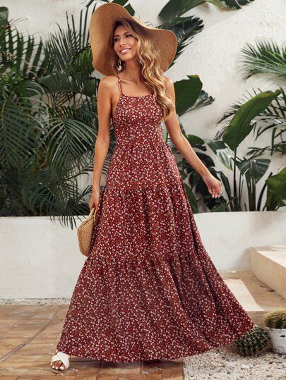 Ditsy Floral Lace Up Backless Tiered Hem Slip Dress | SHEIN USA Boho Fits, Backless Long Dress, Long Red Dress, Dress Stand, Wholesale Dress, Red Polka Dot, Ditsy Floral, Women Dresses, Dress P