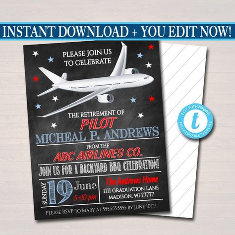 Pilot Retirement Invitation Air Force Invite, Chalkboard Digital Printable, Commercial Jet Airline Pilot Retirement Party, EDITABLE TEMPLATE Pilot Retirement Party, Pilot Graduation, Pilot Retirement, Retirement Party Invitation, Retirement Invitation, Flight School, Graduation Invites, Retirement Invitations, Airline Pilot