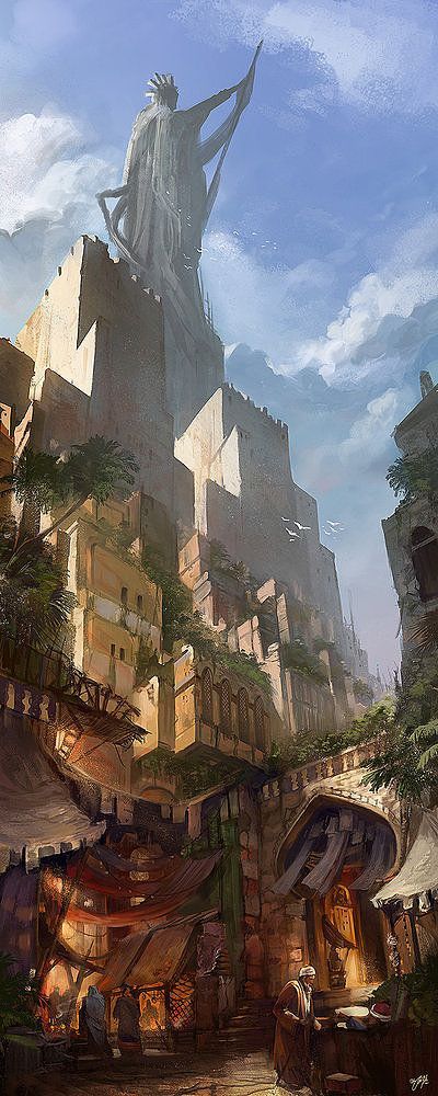 I really like all these tents at the bottom... I can see that in an African place, even if it's more middle-eastern. Beaux Arts Architecture, Creature Fantasy, Heroic Fantasy, Fantasy City, Fantasy Setting, Fantasy Places, Futuristic City, Wow Art, Matte Painting