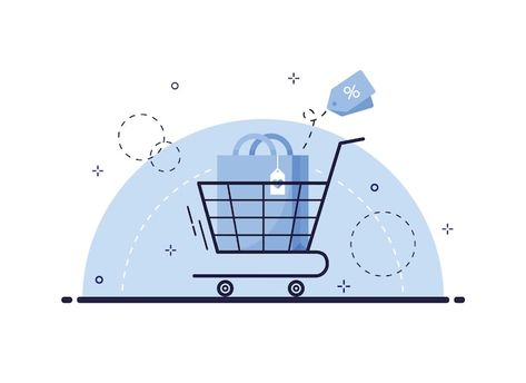 Shopping cart with shopping bag illustra... | Premium Vector #Freepik #vector #shop-cart #trolley #shopping-cart #cart Shopping Cart Illustration, Shopping Bag Illustration, Bag Illustration, Flat Design Illustration, Trolley Cart, Pencil Crayon, Web Icons, Sale Banner, Icon Collection