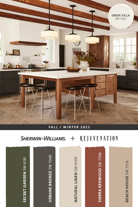 Greek Villa Kitchen Walls, Rustic Kitchen Colors Schemes, Earth Tone Kitchen Cabinets, Warm Color Kitchen, Kitchen Color Palette Ideas, Midcentury Modern Color Palette, Warm Kitchen Colors, Kitchen Color Palettes, Greek Villa