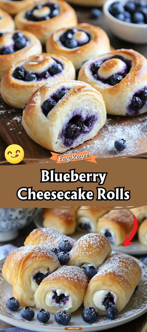 Blueberry Cheesecake Rolls Blueberry Cheesecake Truffles, 5 Ingredient Blueberry Cheesecake Rolls, Huckleberry Cinnamon Rolls, Blueberry Pastry Recipes, Cheesecake Recipes Blueberry, Easy Pastry Desserts, Blueberry Cheesecake Rolls, Recipes With Blueberries, Blueberry Pastry