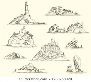 Cliffs Tattoo, Mountain Sketch, Forest Logo, Fantasy Island, House By The Sea, Fantasy Map, Beige Background, Nautical Theme, Pencil Drawing