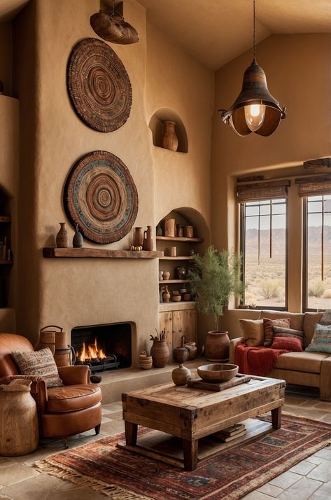 30 Stunning Southwestern Living Room Ideas to Transform Your Space » Comfy Ideas Modern Southwest Living Room Decor, Eclectic Southwestern Interior Design, Southwestern Design Interiors, Desert Interior Design Living Room, Hacienda Living Room Decor, Santa Fe Decor Southwest Style, Colorful Southwestern Decor, Southwestern Fireplace, Southwest Farmhouse Decor