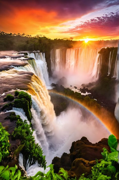 Witness the magic of Iguazu Falls at sunset.  Hundreds of cascades thunder down verdant cliffs, mist-shrouded rainbows arch across the chasm, and the fiery sky casts a warm glow on the rushing water. #IguazuFalls #Sunset #Rainbow #Waterfall Sunset Rainbow, Rainbow Waterfall, Scene Painting, Iguazu Falls, Breathtaking Beauty, Setting Sun, The Mist, Sunset Painting, Natural Wonders