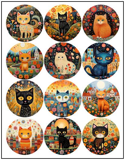 Cat Naive Art 2-1/4″ Fridge Magnet Designs | Print it Free Button Printables Free, Button Printables, Badge Design Ideas, Fridge Magnet Design, Magnet Projects, Clay Fridge, Button Machine, Magnet Design, Pop Art Drawing