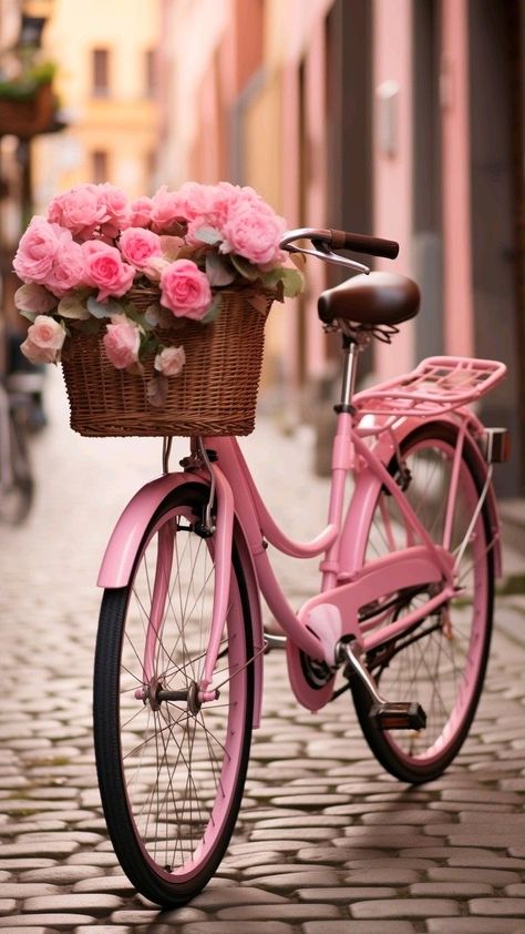 Bike With Basket, Pink Bicycle, Pink Bike, Furniture Appliques, Shabby Chic Home, Cute Flower Wallpapers, Bike Riding, Pink Garden, Painting Painting