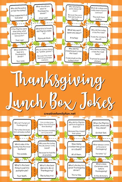 Thanksgiving Lunch Box Jokes - Creative Family Fun Thanksgiving Lunch Box Jokes For Kids, Thanksgiving Lunchbox Jokes, Thanksgiving Lunch Box Notes, Lunch Jokes, Thanksgiving Jokes For Kids, Kids Lunch Box Notes, Thanksgiving Lunch, Thanksgiving Jokes, Free Printable Thanksgiving