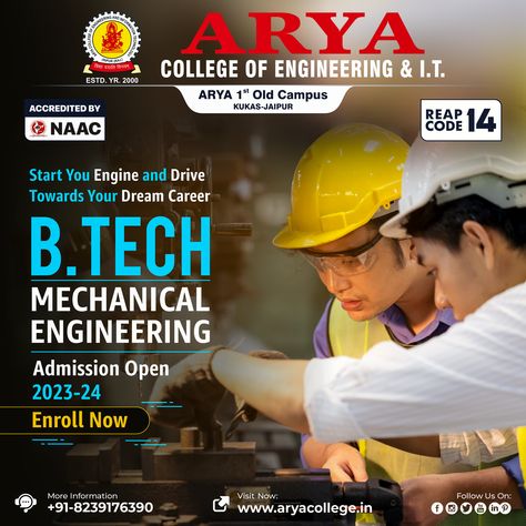 Admissions Open 2023: Pursue Your Dream Career with B.Tech in Mechanical Engineering at Arya College of Engineering & IT, Jaipur. If you're passionate about designing, creating, and innovating machinery, systems, and structures that power our world, this is your chance to turn that passion into a fulfilling profession. Don't miss this opportunity to shape your future. Admissions are limited, so apply now and be part of an educational experience that will steer you towards success! Course Flyer, Admission Open, B Tech, Engineering Colleges, Dream Career, Canva Design, Mechanical Engineering, Post Design, Our World