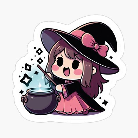 Get my art printed on awesome products. Support me at Redbubble #RBandME: https://www.redbubble.com/i/sticker/Enchanting-Little-Witch-with-Magic-Cauldron-by-LWOI/163840122.EJUG5?asc=u Sticker Art Aesthetic, Chibi Witch, Emote Ideas, Magic Cauldron, Kawaii Witch, Aesthetic Highlight Covers Instagram Pink, Witch Stickers, Happy Stones, Chibi Drawings