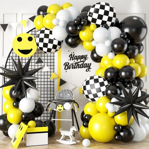 PRICES MAY VARY. 【One Happy Dude Party Decorations】Our balloon garland kit contains:2 x 18inch Balloons (black*1,yellow*1) , 50 x 10inch Balloons(black*15,yellow*20,white*15), 50 x 5inch Balloons (black*15,yellow*20,white*15), 3PCs 18" black white checkered foil balloons,2PCs star balloons,balloons strip 1pc, adhesive tape 4pcs,ribbon 1pc. 【Premium Material】 Our balloons are made of natural latex.Each of these latex balloons is in a brighter color and 20% thicker than normal latex balloons.safe One Happy Dude Balloon Arch, Yellow Balloon Arch, One Happy Dude Birthday, One Happy Dude, Star Balloons, Balloon Arch Kit, App State, Baby Shower Yellow, 1st Birthday Party Decorations