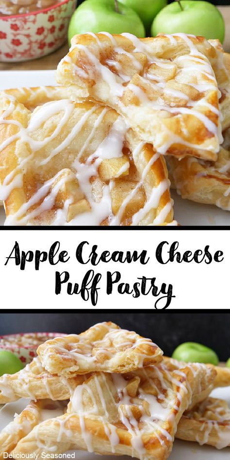 Apple Cream Cheese Puff Pastry recipe is filled with apple pie filling, a cream cheese mixture, and then drizzled in a sweet glaze. Strawberry Rhubarb Puff Pastry Recipes, Apple Cream Cheese Puff Pastry Braid, Puff Pastry And Canned Apple Pie Filling, Apple And Cream Cheese Dessert, Hand Held Apple Pies Puff Pastries, Apple Philo Dough Puff Pastries, Apple Pie Danish Recipe, Puff Pastry With Apples Recipes, Apple Cinnamon Puff Pastry Recipes