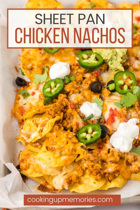 Ground Chicken Nachos Recipe, Baked Chicken Nachos, Ground Chicken Nachos, Nachos Recipe Chicken, Chicken Nachos Recipe Easy, Sheet Pan Nachos Chicken, Ground Chicken Stuffed Peppers, Shredded Chicken Nachos, Ground Chicken Tacos