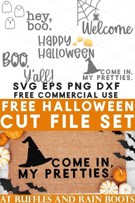 5 Free Halloween Doormat SVG Bundle | Use these free Halloween doormat SVG files to create some fun and festive entry crafts. Make a simple, scary, or sweet front door mat in an easy afternoon craft session. | Follow RufflesAndRainBoots.com to see more Halloween cut files! Doormat Craft Ideas, Doormat Svg Free, Halloween Doormat Svg, Free Halloween Svg Files For Cricut, Halloween Door Mat Diy, Diy Halloween Doormat, Halloween Svg Free Files For Cricut, Halloween Svgs Free, Halloween Cricut Crafts