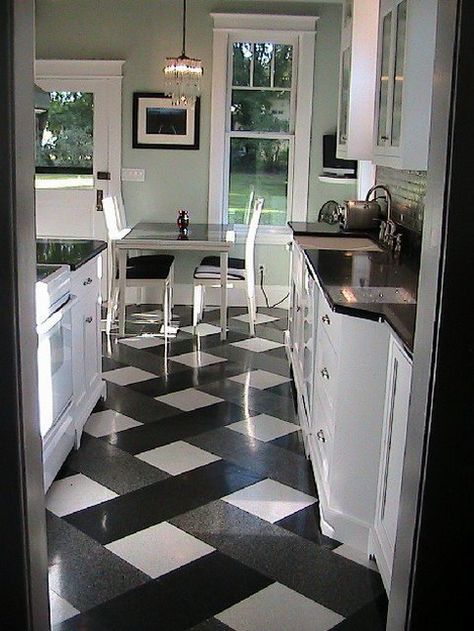 My parents kitchen keeps popping up on the web! They did all the work themselves! I'm a proud daughter. =) White Kitchen Floor, White Tile Kitchen Floor, Black And White Flooring, Popular Kitchen Designs, Glam Kitchen, Black White Kitchen, Popular Kitchens, Black And White Tiles, White Floors