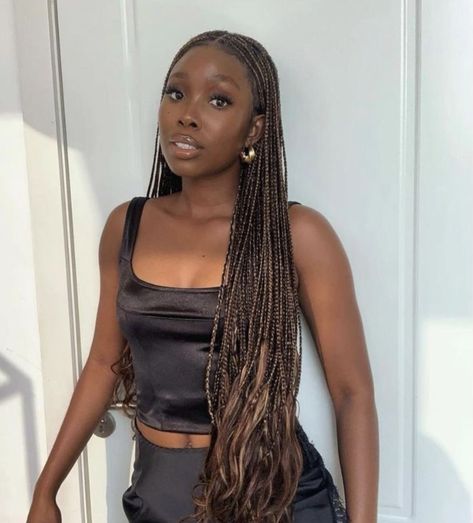 Medium Box Braids Ombre, Brunette Braids Black Women, Highlighted Braids For Black Women, Dark Blonde Box Braids, Dark Skin Brown Braids, Colored Knotless Braids On Dark Skin, Dark Skin Braids Color, Box Braids Blonde Highlights, Mixed Brown Braids