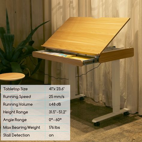 ADJUSTABLE TILTING TABLETOP: Designed for creators who work a long time on the table, the electric drafting table is easy to adjust the height from 31.5" to 51.2" and angle from 0 to 60° to always remain in a proper position when writing, reading, and drawing. LARGE DESIGN: The 41 x 23" large tabletop provides a large enough workspace for extra-large design drafts. The tilted desktop is supported by air-powered angle system, withstanding a maximum weight of 176lb. QUALITY MACHINERY: The conceale Vintage Drafting Table Repurpose, Artist Table Ideas, Drafting Table Design, Drawing Table Desk, Wood Drafting Table, Teen Room Makeover, Art Studio Storage, Drafting Drawing, Drawing Desk