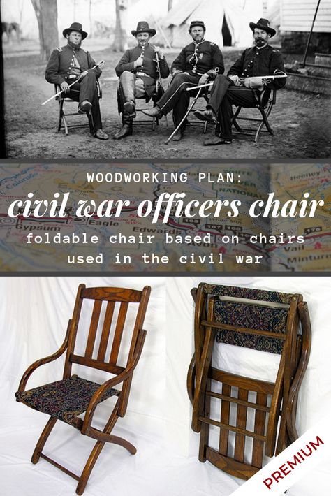 One item of furniture that seemed to be everywhere during the Civil War was a particular style of folding chair that was very popular with officers. Click here to subscribe to Woodworker's Journal and view this premium plan. #PremiumPlan #WoodworkersJournal #Woodworking #Chair #FoldingChair #CivilWar Campaign Furniture Diy, Foldaway Furniture, Campaign Furniture Plans, Campfire Chair, Grandpa Simpson, Wooden Office Chair, Jigsaw Projects, Scroll Saw Projects, Woodworking Jigsaw