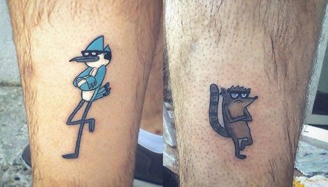 Mordecai and Rigby Rigby And Mordecai Tattoo, Mordecai And Rigby Tattoo Ideas, Matching Cartoon Tattoos, Mordecai And Rigby Tattoo, Rigby Tattoo, Regular Show Tattoo, Show Tattoo, Brotherhood Tattoo, Mordecai And Rigby