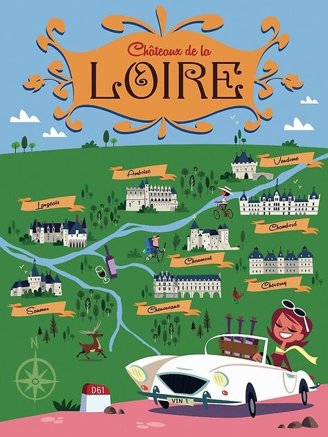 Carte illustrée des châteaux de la Loire • Découvrez des millions d'œuvres originales, imaginées par des artistes indépendants. Automotive Artwork, Vintage Advertising Posters, Loire Valley, Paris Hotels, Illustrated Map, City Maps, Poster Stickers, France Travel, Vintage Travel Posters