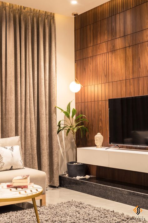 Apartment Interiors with a Play on Warm and Cold Muted Tones Making the Space Easy on Eyes | Studio Synergy - The Architects Diary Indian Bedroom, Living Tv, Tv Wall Design, Tv Unit Design, Modern Tv, Decor Home Living Room, Large Living Room, Decor Living Room, Living Room Tv