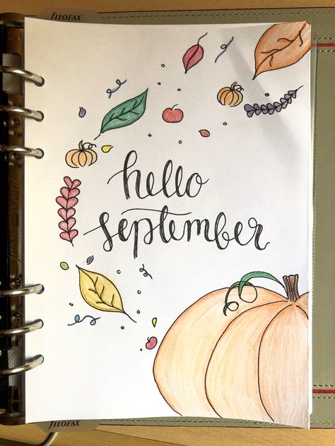 Drawing Ideas For September, Hello September Drawing, September Whiteboard Ideas, September Calendar Doodles, September Calendar Ideas, September Drawings, Month Drawings, Bullet Journal Leaves, September Doodles