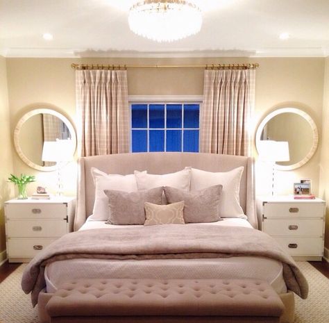 Staged Bedroom, Window Behind Bed, Window Headboard, Bedroom Rug Placement, Curtains Behind Bed, Bedroom Drapes, Bedroom Windows, Trendy Bedroom, Bedroom Layouts