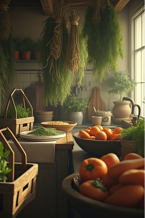 Sunlit kitchen with baskets of fresh produce and drying herbs from containers Store Produce, Homegrown Vegetables, Gardening Vegetables, Container Vegetables, Home Grown Vegetables, Outdoor Kitchen Patio, Container Gardening Vegetables, Different Vegetables, Organic Produce