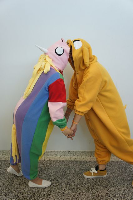 Lady Rainicorn & Jake | Flickr - Photo Sharing! Cute Onesies For Couples, Matching Pjamamas, Couples Onesies Halloween, Onsie Couples Costumes, Jake And Lady Rainicorn Costume, Couple Onsies Costumes, Couple Onesies Halloween, Adventure Time Couple Costumes, Onsies Couple