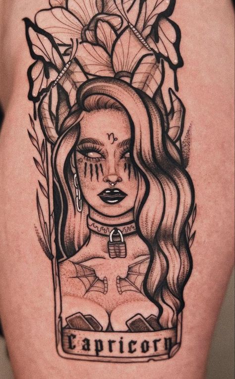 Quad Tattoo, Capricorn Tattoos, Sea Goat, Mystical Tattoos, Tarot Card Tattoo, Tarot Tattoo, Capricorn Tattoo, Witch Tattoo, Goddess Tattoo