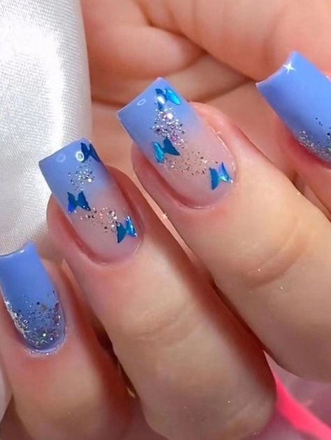 Elevate Your Style with 24pcs Short Square Gradient Butterfly Glitter Blue Fake Nail & 1sheet Tape & 1pc Nail File -  #1pc #1sheet #24Pcs #Blue #Butterfly #Elevate #Fake #File #glitter #Gradient #Nail #Short #Square #Style #Tape Short Acrylic Nails Designs Blue, Glitter Gradient Nails, Nail Polish Gift Set, Nails May, Gradient Butterfly, Nail Summer, Fancy Nail Art, Nail Polish Gift, Natural Nail Art