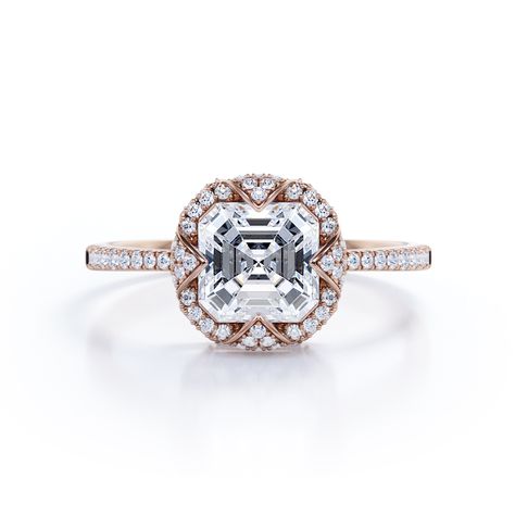 1.25 Carat Art Deco Octagon Halo Asscher Cut Moissanite Pave Engagement Ring in 18K Rose Gold Plating Over Silver - Walmart.com Octagon Ring, Pave Engagement Ring, Halo Style, Asscher Cut, Jewelry Design Necklace, Halo Engagement Ring, Halo Engagement, 18k Rose Gold, Buy 1