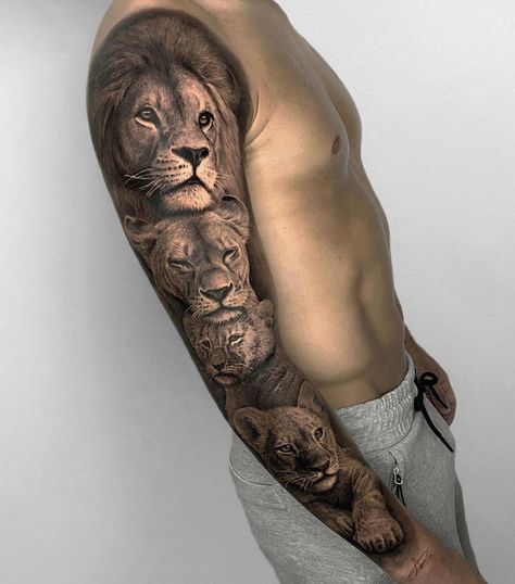 Sleeve Tattoos Lion, Lion Tattoo Half Sleeve, Lioness And Cub Tattoo, Family Sleeve Tattoo, Lion Arm Tattoo, Tattoos Lion, Lion Hand Tattoo, Lion Forearm Tattoos, Tiger Tattoo Sleeve