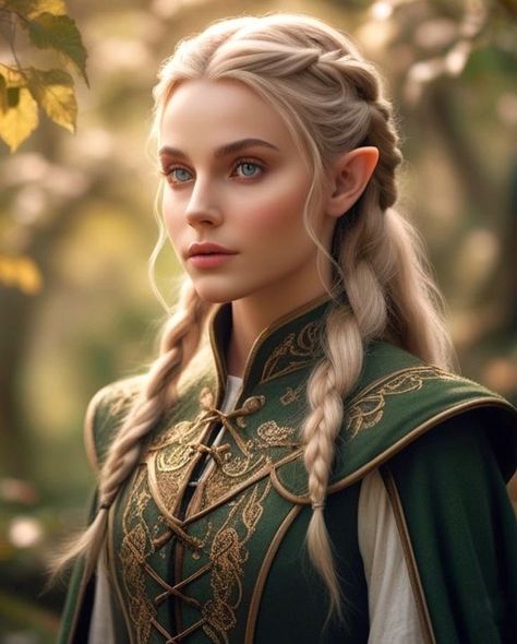 Fantasy Elf Hairstyles, Fae Character Inspiration, Blonde Elf Woman, Elven Warrior Female, Blonde Elf Girl, Female Elf Warrior, Elf Hairstyles, Elven Hair, Weiblicher Elf