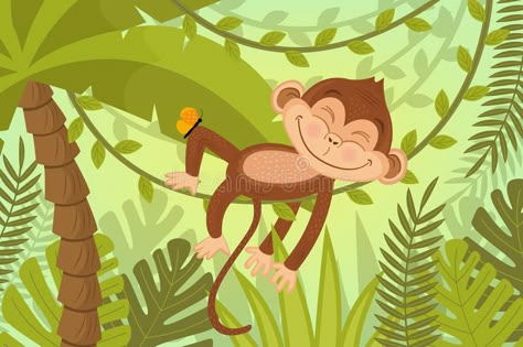 Photo about Monkey sleeps on vine - vector illustration, eps. Illustration of animal, relaxation, leaf - 93219619 Monkey Jungle Illustration, Monkey Sleeping, Monkey Plant, Sleeping Cartoon, Impatiens Plant, Monkey Illustration, Jungle Book Disney, Cheeky Monkey, Cartoon Monkey