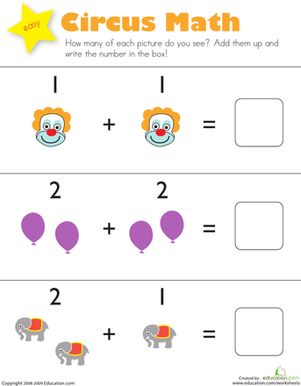 Here's one fun way to work on addition: circus math. Made for preschool or kindergarten, this easy introduction to addition pairs illustrations with simple equations so your kids can really get the picture. A tried-and-true way to introduce early math students to addition within 5, this worksheet will help kids in a number of ways, from solving equations to writing numbers 0–10. #educationdotcom Addition Kindergarten, Preschool Reading, Kindergarten Worksheets Printable, Math Work, Numbers Preschool, Homeschool Kindergarten, Kindergarten Math Worksheets, Preschool Curriculum, Preschool Theme