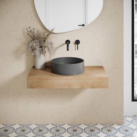 Powder Room Vessel Sink Ideas, Concrete Basin Bathroom, Sink In Bedroom Ideas, Bathroom Vessel Sink Ideas, Small Sink Ideas, Floating Vessel Sink, Round Sink Bathroom, Floating Sink Bathroom, West Elm Bathroom