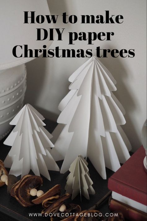 How to make DIY paper christmas trees - simple budget friendly tutorial for creating scandi-style christmas decor. Easy christmas craft idea #christmasdecor #christmastree #christmascraft Cute Simple Christmas Decor, Christmas Crafts Out Of Paper, White Paper Christmas Tree, Very Easy Christmas Crafts, Christmas Budget Decor, Paper Tree Decorations Christmas, Scandi Xmas Decor, Diy Christmas Tree Decorations Paper, Christmas Tutorials Decoration