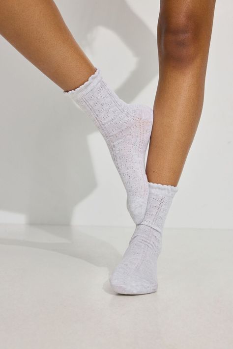 Jersey socks with a cute pointelle pattern <3 Features - Calf high - Frilled cuffs - Pointelle detail - Stretchy - 75% cotton, 22% nylon, 2% spandex, 1% rubber - Imported Cold Weather Socks, Cute Socks, Hair Jewelry, Tights, Socks, Spandex, Grey, Pattern