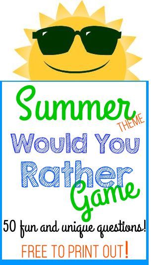 Summer themed Would You Rather Game!  Fun for kids, tweens and teenagers.  Simple and easy game  - you only need the free questions to play!  Great for picnics, travel, birthday parties, groups, and family fun! #wouldyourather #summer #game #free #kids #tweens #teens #travel https://birthdaypartyideas4kids.com/summer-would-you-rather.html Crazy Questions, Would You Rather Game, Game Questions, Kids Questions, Outdoor Party Games, Summer Game, Travel Free, Would You Rather Questions, Camping Games