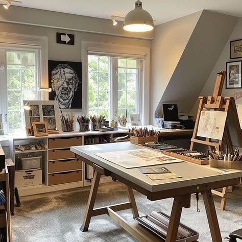 Cool Office Design Creative, Office Art Room Combo, Printmaking Studio Home, Office And Art Room Ideas, Home Art Studio Aesthetic, Work Studio Ideas, Small Work Space Ideas, Art Studio And Office, Art Studio Design Workspaces