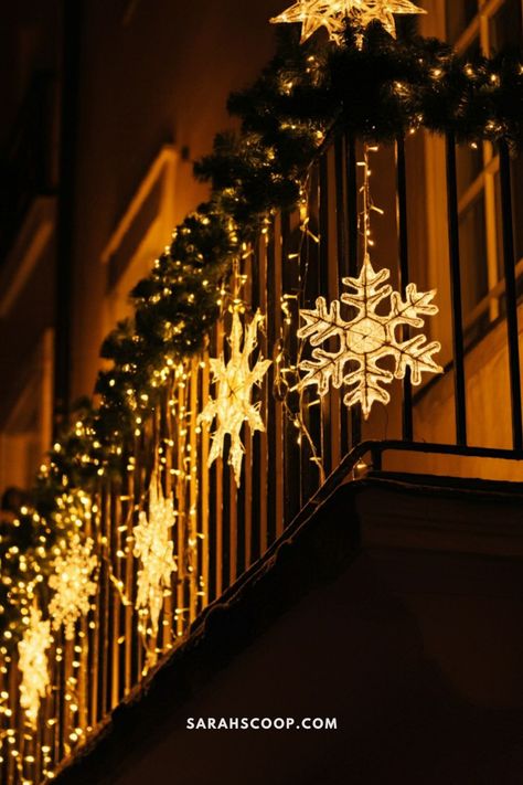 25 Creative Christmas Balcony Decor Ideas | Sarah Scoop Decorating Apartment Balcony For Christmas, Balcony Railing Christmas Decor, Decorate Balcony For Christmas, Christmas Decor For Balcony, Christmas Balcony Ideas Apartment, Apartment Porch Christmas Decor, Apartment Balcony Christmas Decor Ideas, Backyard Christmas Decor, Christmas Decor Balcony