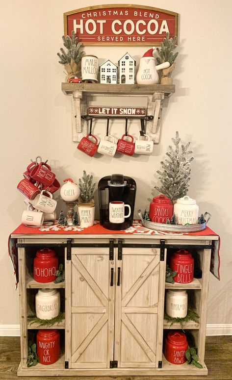 Farmhouse Hot Cocoa Bar, Rae Dunn Hot Cocoa Display, Hot Chocolate Bar Display, Rae Dunn Hot Cocoa Bar, Hot Cocoa Display, Xmas Coffee Bar, Christmas Cocoa Bar, Hot Cocoa Bar Decor, Rae Dunn Christmas Display