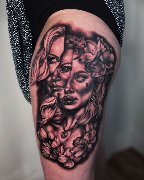 Gemini tattoo leg tattoo black and grey realism tattoo Thigh Tattoo Women, Sabrina Sawyers, Tattoo On Thigh, Gemini Tattoo, Theme Tattoo, Thigh Tattoos, Tattoo Women, Thigh Tattoos Women, Thigh Tattoo