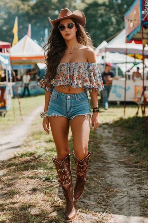 Jean Shorts Cowboy Boots Outfit, Cowgirl Shorts Outfits, Music Festival Outfits Cowboy Boots, Jean Shorts And Cowboy Boots Outfit, Cowboy Boots And Shorts Outfit, Cowgirl Style Outfits Summer, Casual Cowboy Boots Outfit, Black Cowboy Boots Concert, Cowboy Boots Music Festival