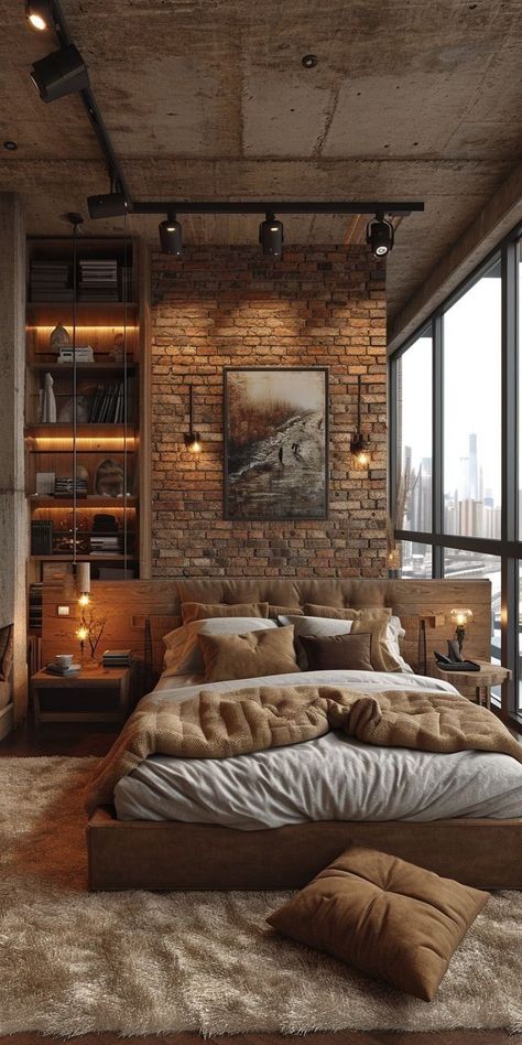 Industrial Minimalist Bedroom, Functional Organization, New York Bedroom, Industrial Style Bedroom, Men's Bedroom, Brick Room, Minimalist Bedroom Design, Industrial Bedroom, Mens Bedroom