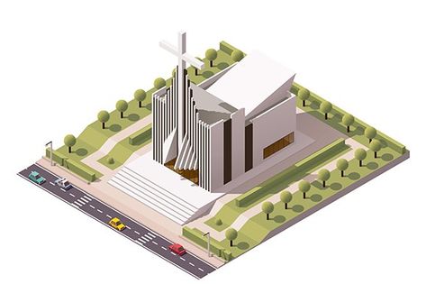 Vector isometric modern church by tele52 on @creativemarket Mosque Design Concept, Ecumenical Church, Modern Church Design, Modern Church Architecture, Church Building Plans, Church Design Architecture, Church Building Design, Church Interior Design, Mosque Design